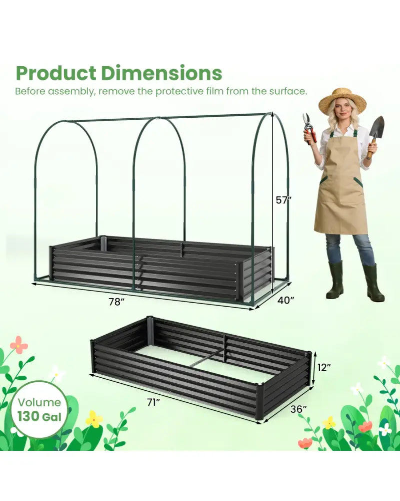 6 x 3 x 1 FT Galvanized Raised Garden Bed with Greenhouse Cover-Black - Black - Raised Garden Beds