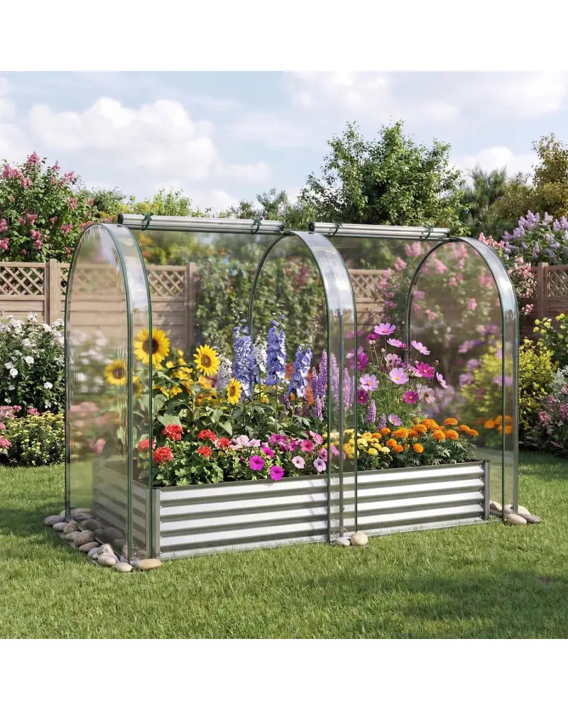 6 x 3 x 1 FT Galvanized Raised Garden Bed with Greenhouse Cover-Silver - Silver - Raised Garden Beds