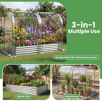 6 x 3 x 1 FT Galvanized Raised Garden Bed with Greenhouse Cover-Silver - Silver - Raised Garden Beds