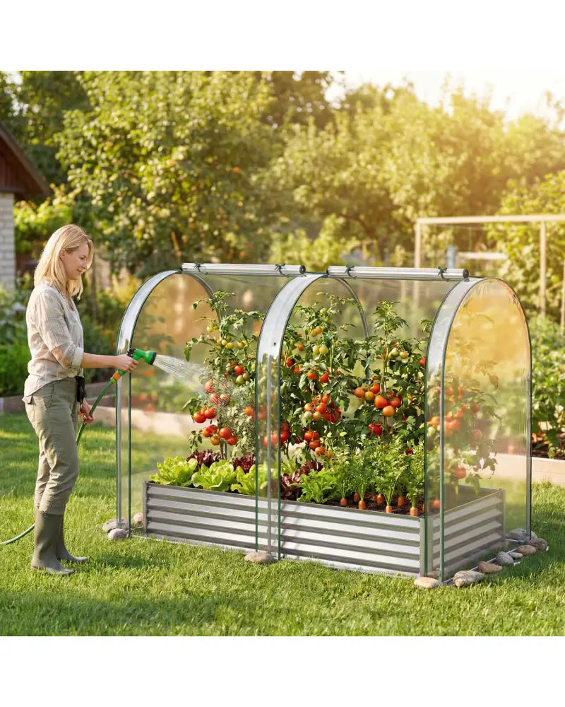 6 x 3 x 1 FT Galvanized Raised Garden Bed with Greenhouse Cover-Silver - Silver - Raised Garden Beds
