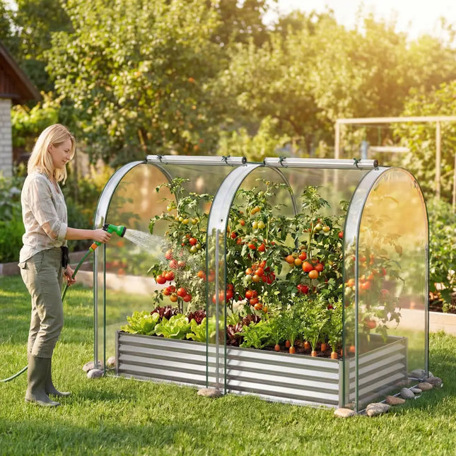6 x 3 x 1 FT Galvanized Raised Garden Bed with Greenhouse Cover-Silver - Silver - Raised Garden Beds