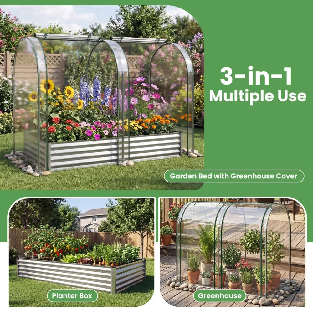 6 x 3 x 1 FT Galvanized Raised Garden Bed with Greenhouse Cover-Silver - Silver - Raised Garden Beds