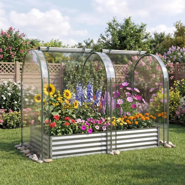6 x 3 x 1 FT Galvanized Raised Garden Bed with Greenhouse Cover-Silver - Silver - Raised Garden Beds