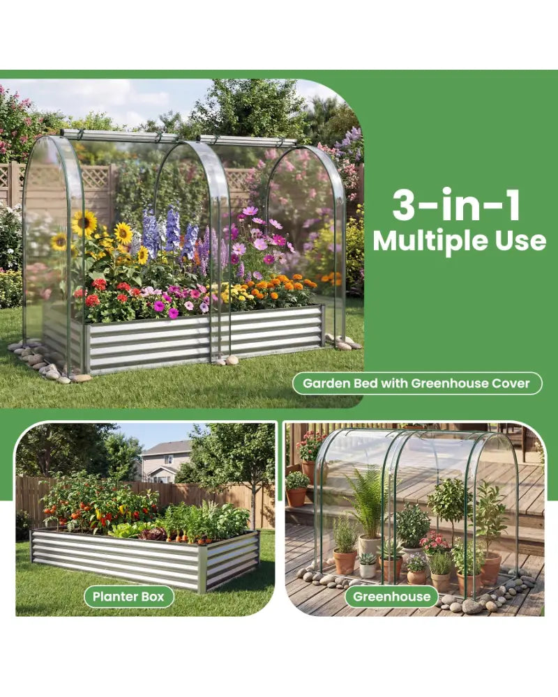 6 x 3 x 1 FT Galvanized Raised Garden Bed with Greenhouse Cover-Silver - Silver - Raised Garden Beds
