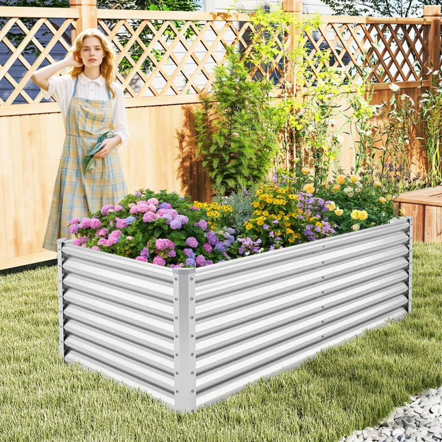 6 x 3 x 2 Feet Metal Rectangular Raised Garden Bed with Open Bottom Design-Silver - Silver - Raised Garden Beds