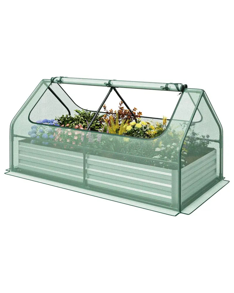 6 x 3 x 3 Feet Galvanized Raised Garden Bed with Greenhouse-Green - Green - Raised Garden Beds