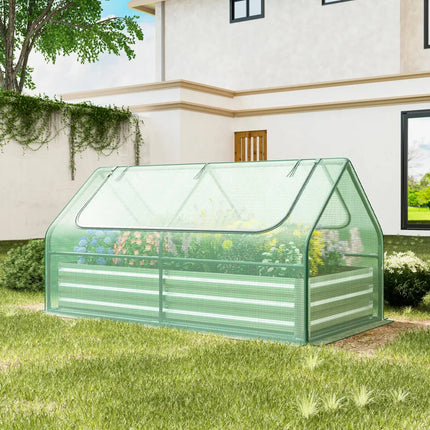 6 x 3 x 3 Feet Galvanized Raised Garden Bed with Greenhouse-Green - Green - Raised Garden Beds