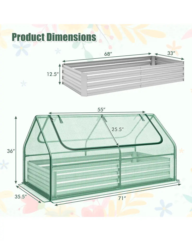 6 x 3 x 3 Feet Galvanized Raised Garden Bed with Greenhouse-Green - Green - Raised Garden Beds