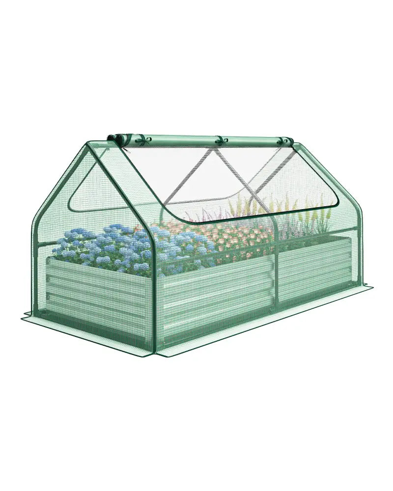 6 x 3 x 3 Feet Galvanized Raised Garden Bed with Greenhouse-Green - Green - Raised Garden Beds