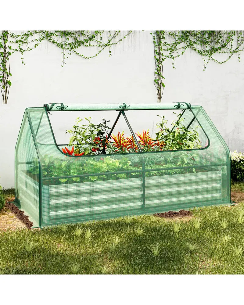 6 x 3 x 3 Feet Galvanized Raised Garden Bed with Greenhouse-Green - Green - Raised Garden Beds