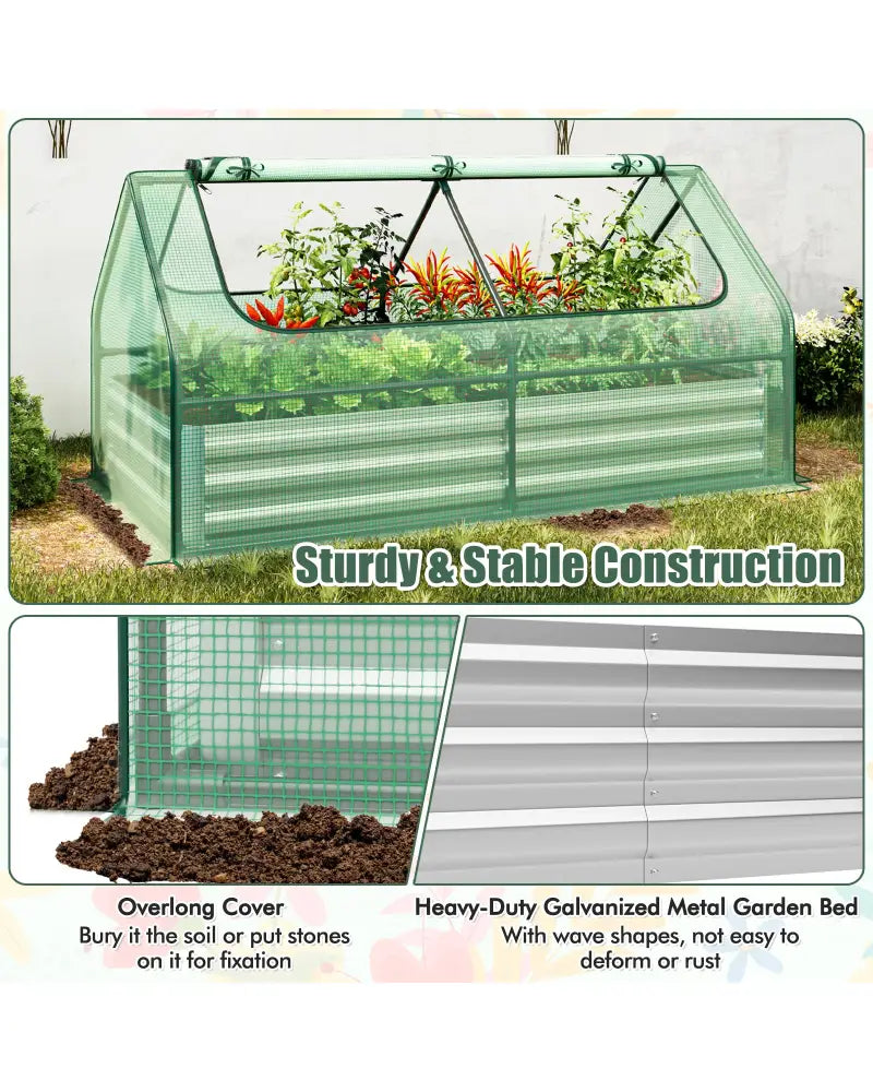6 x 3 x 3 Feet Galvanized Raised Garden Bed with Greenhouse-Green - Green - Raised Garden Beds