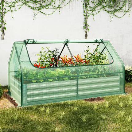 6 x 3 x 3 Feet Galvanized Raised Garden Bed with Greenhouse-Green - Green - Raised Garden Beds