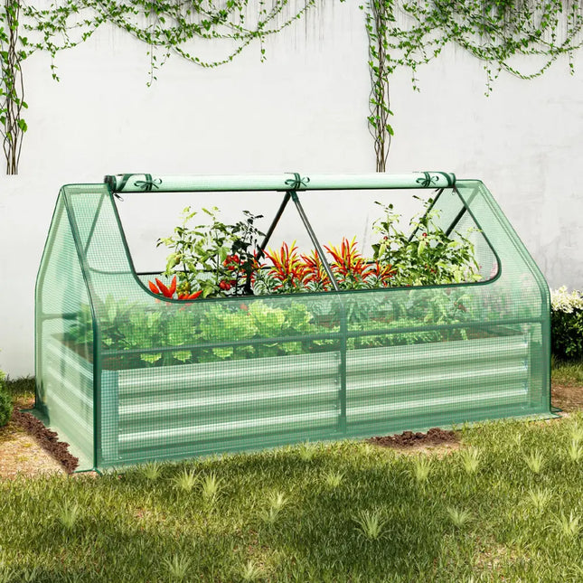 6 x 3 x 3 Feet Galvanized Raised Garden Bed with Greenhouse-Green - Green - Raised Garden Beds