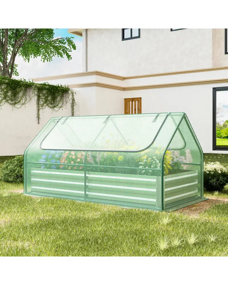 6 x 3 x 3 Feet Galvanized Raised Garden Bed with Greenhouse-Green - Green - Raised Garden Beds