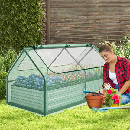 6 x 3 x 3 Feet Galvanized Raised Garden Bed with Greenhouse-Green - Green - Raised Garden Beds