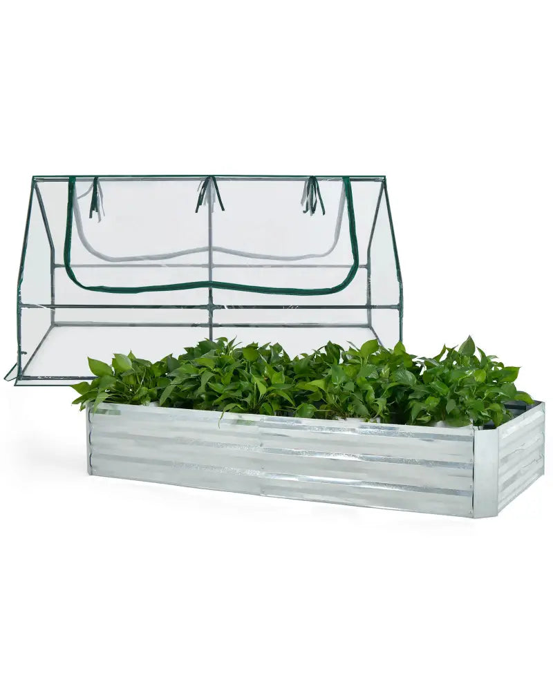 6 x 3 x 3 Feet Galvanized Raised Garden Bed with Greenhouse-Silver - Silver - Raised Garden Beds