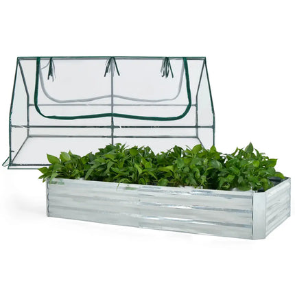6 x 3 x 3 Feet Galvanized Raised Garden Bed with Greenhouse-Silver - Silver - Raised Garden Beds