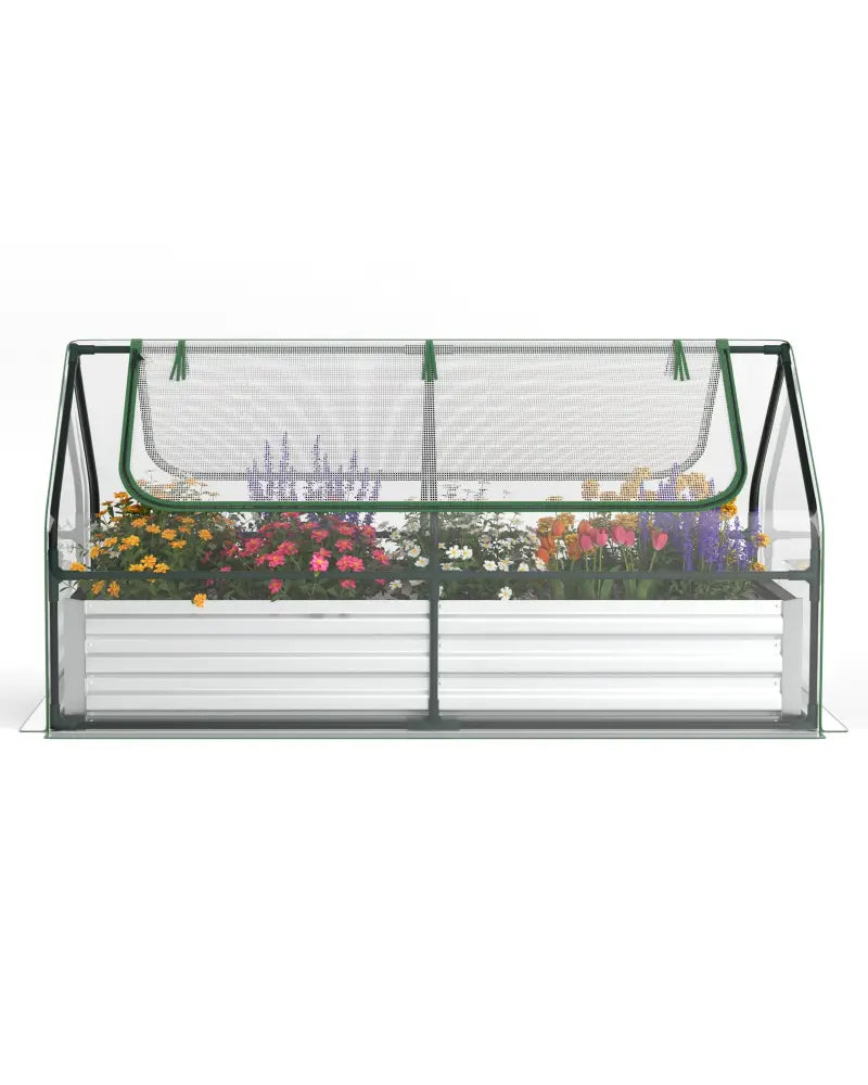 6 x 3 x 3 Feet Galvanized Raised Garden Bed with Greenhouse-Silver - Silver - Raised Garden Beds