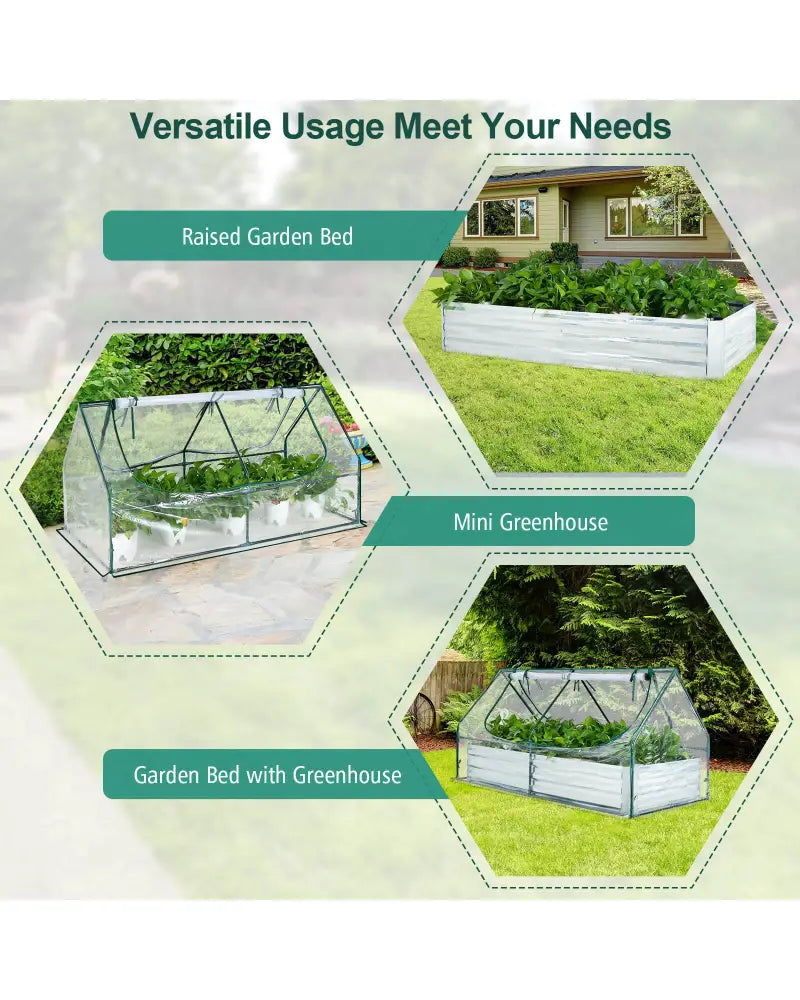 6 x 3 x 3 Feet Galvanized Raised Garden Bed with Greenhouse-Silver - Silver - Raised Garden Beds