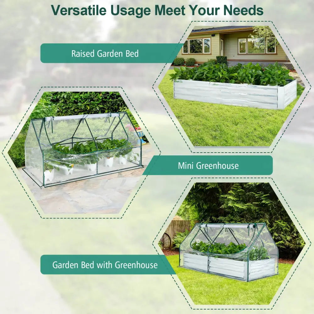 6 x 3 x 3 Feet Galvanized Raised Garden Bed with Greenhouse-Silver - Silver - Raised Garden Beds