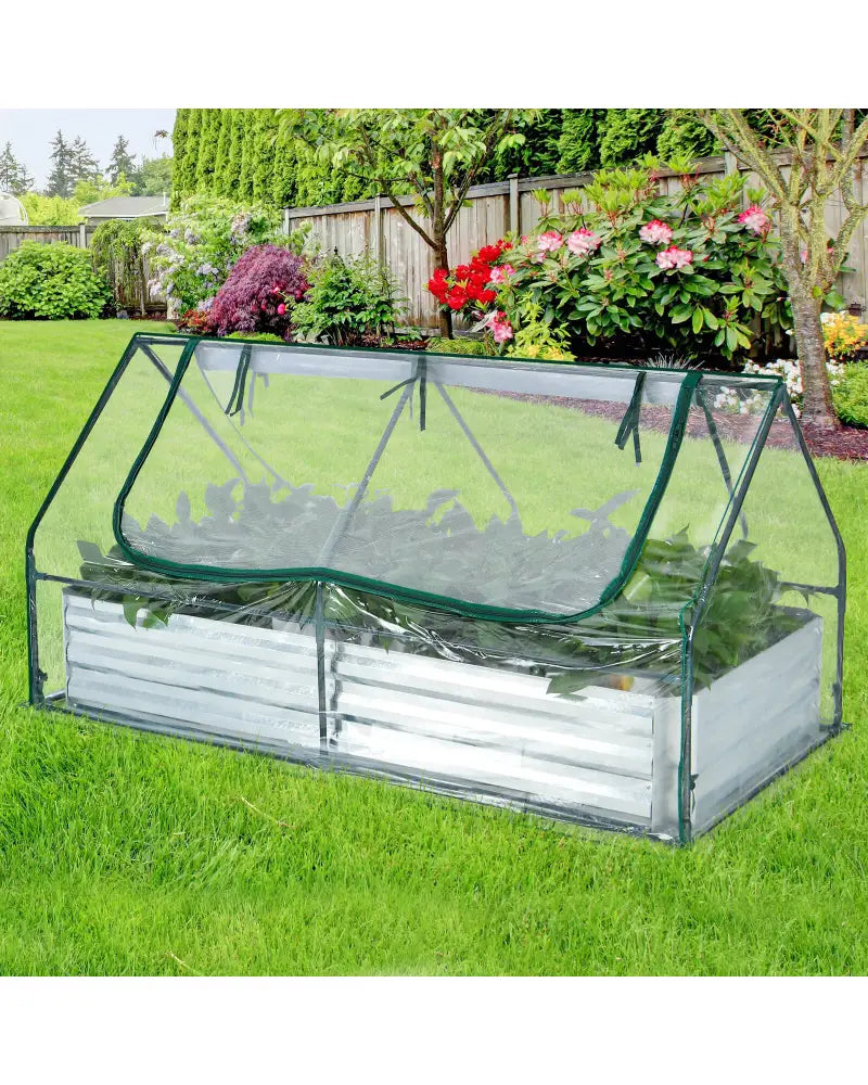 6 x 3 x 3 Feet Galvanized Raised Garden Bed with Greenhouse-Silver - Silver - Raised Garden Beds