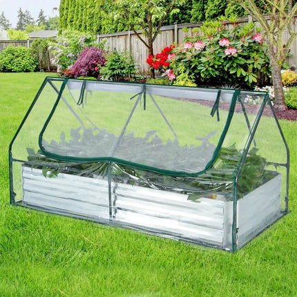6 x 3 x 3 Feet Galvanized Raised Garden Bed with Greenhouse-Silver - Silver - Raised Garden Beds
