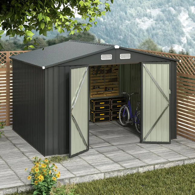 6 x 4/10 x 8 Feet Outdoor Galvanized Steel Storage Shed without Floor Base-10 x 8 ft - Dark Gray - Sheds & Outdoor