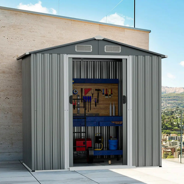 6 x 4 Feet Galvanized Steel Storage Shed with Lockable Sliding Doors-Gray - Gray - Sheds & Outdoor Storage