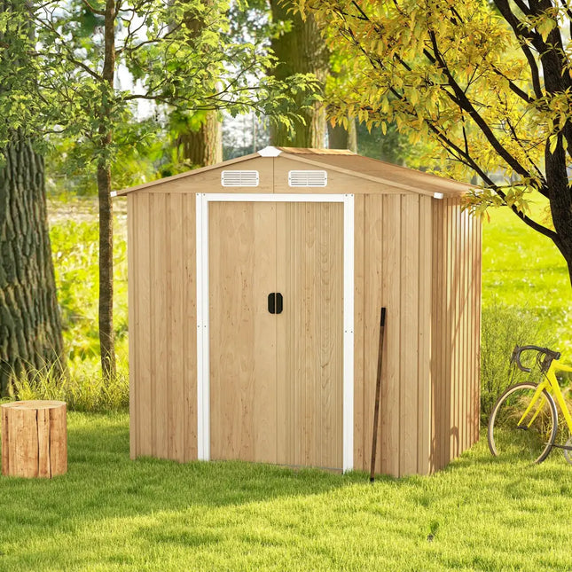 6 x 4 Feet Galvanized Steel Storage Shed with Lockable Sliding Doors-Natural - Natural - Sheds & Outdoor Storage