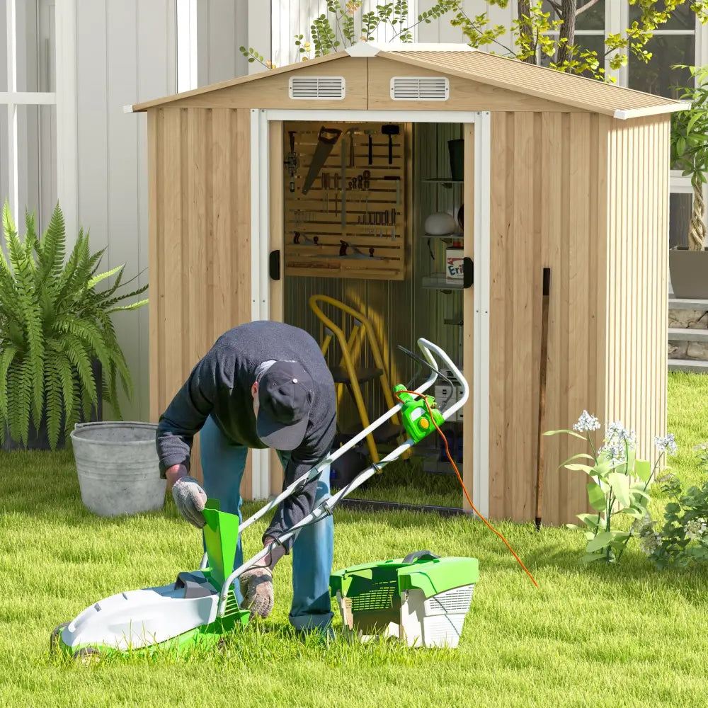 6 x 4 Feet Galvanized Steel Storage Shed with Lockable Sliding Doors-Natural - Natural - Sheds & Outdoor Storage