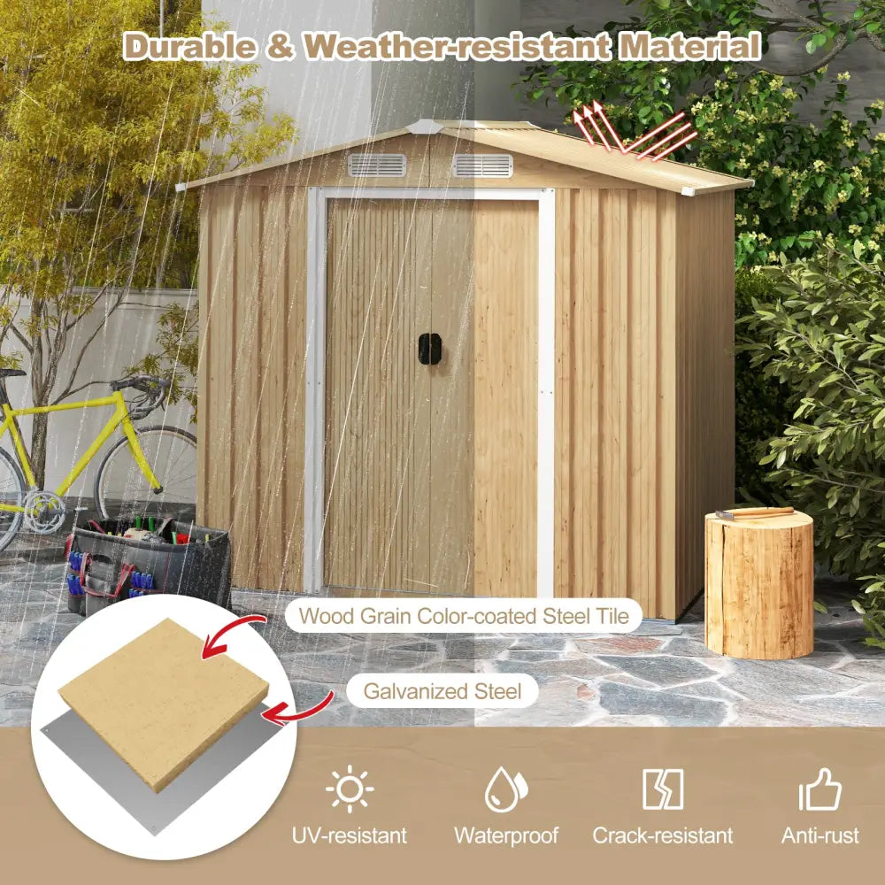 6 x 4 Feet Galvanized Steel Storage Shed with Lockable Sliding Doors-Natural - Natural - Sheds & Outdoor Storage