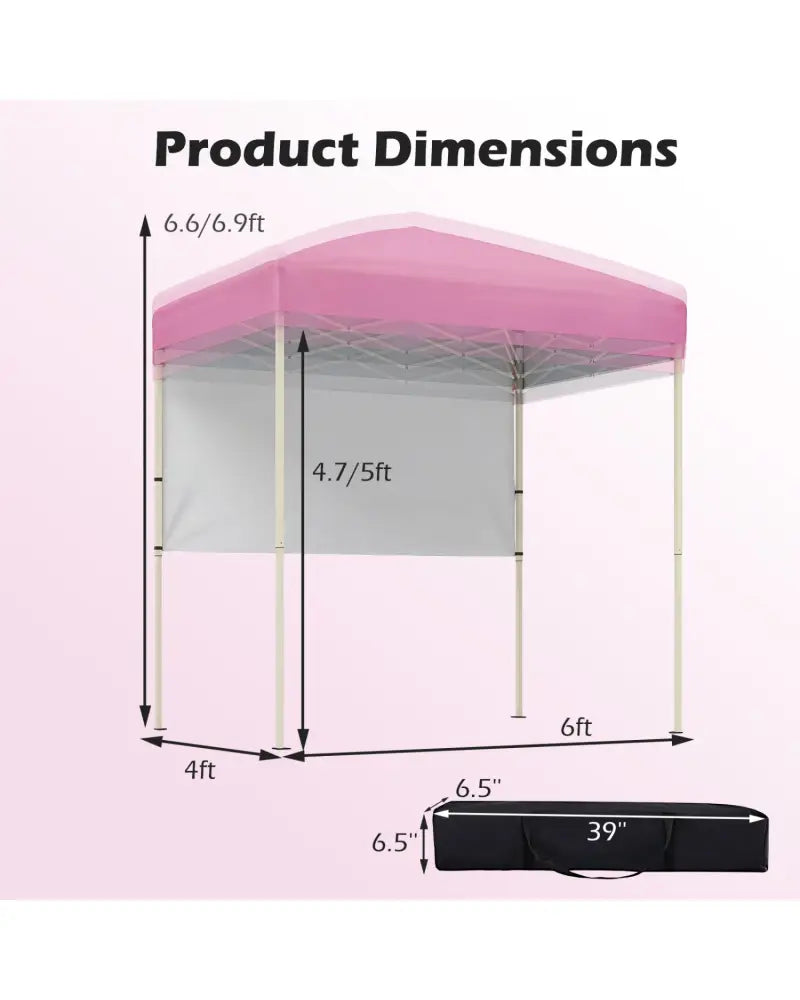 6 x 4 FT Pop-Up Canopy Tent with 1 Half Sidewall Easy Setup Folding Outdoor Sun Shelter-Pink - Pink - Canopies