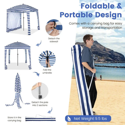 6 x 6 Feet Foldable Beach Cabana Tent with Carrying Bag and Detachable Sidewall - Blue - Canopies
