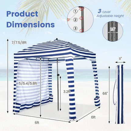 6 x 6 Feet Foldable Beach Cabana Tent with Carrying Bag and Detachable Sidewall - Blue - Canopies