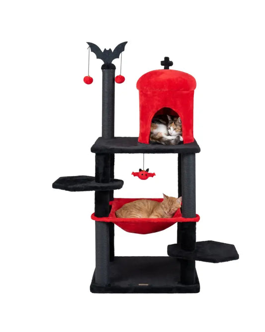 60’’ Gothic Cat Tower with Plush Perch and Spider Hanging Toys for Black Halloween-Red - Red - Cat Trees Condos &