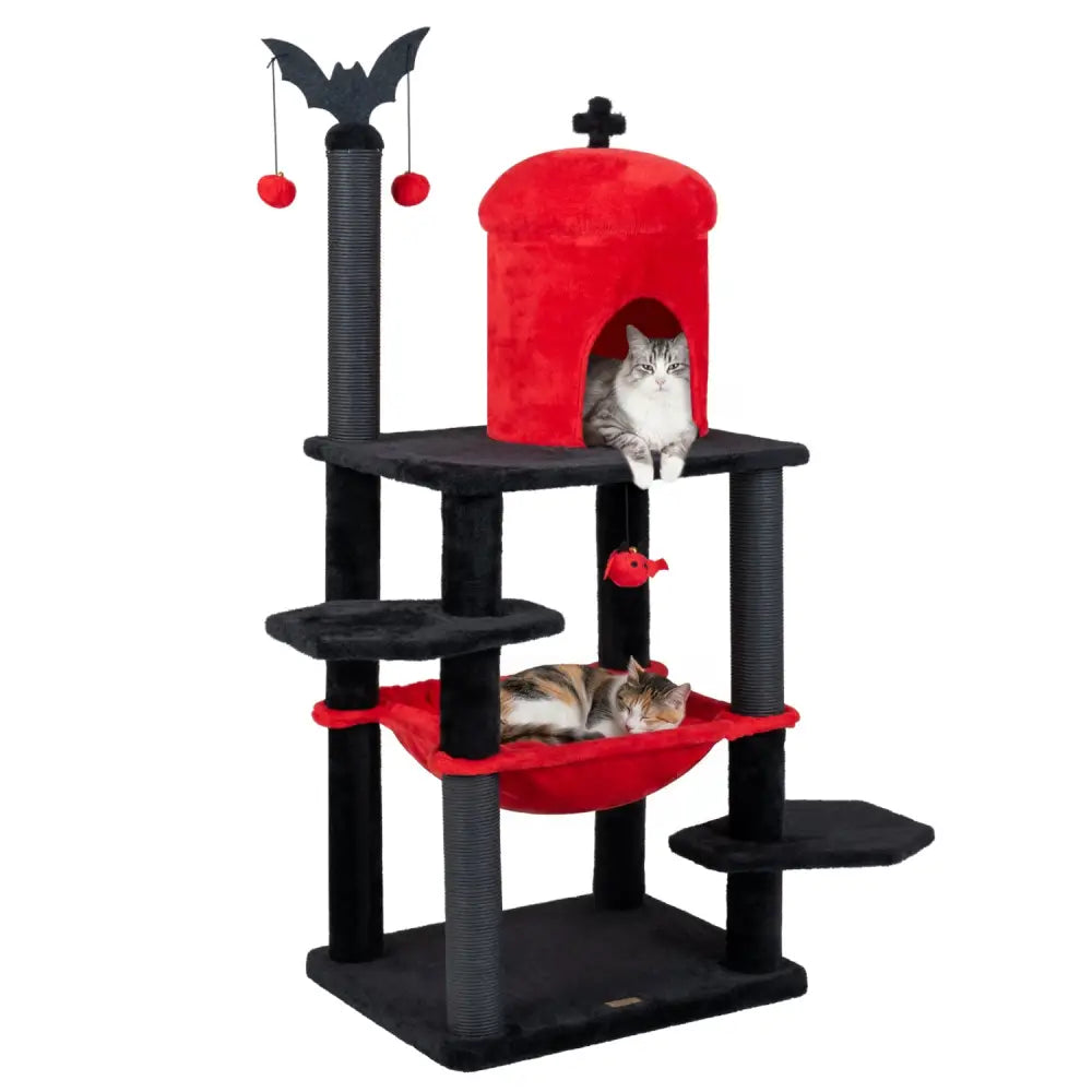 60’’ Gothic Cat Tower with Plush Perch and Spider Hanging Toys for Black Halloween-Red - Red - Cat Trees Condos &