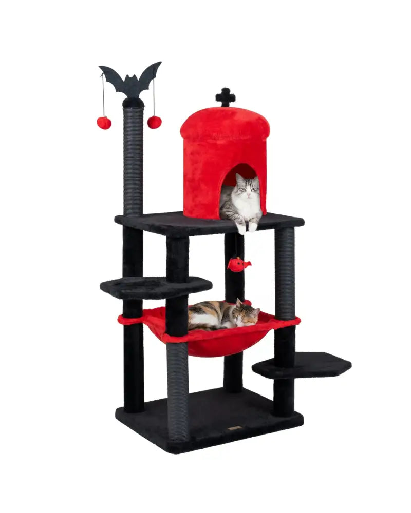60’’ Gothic Cat Tower with Plush Perch and Spider Hanging Toys for Black Halloween-Red - Red - Cat Trees Condos &