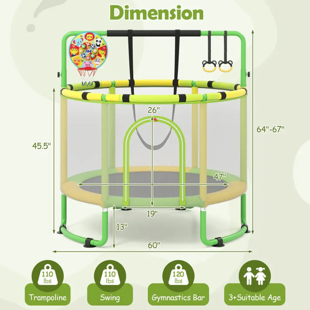 60 inch 6-in-1 Kids Toddler Trampoline with Gymnastics Bar-Green - Green - Trampolines