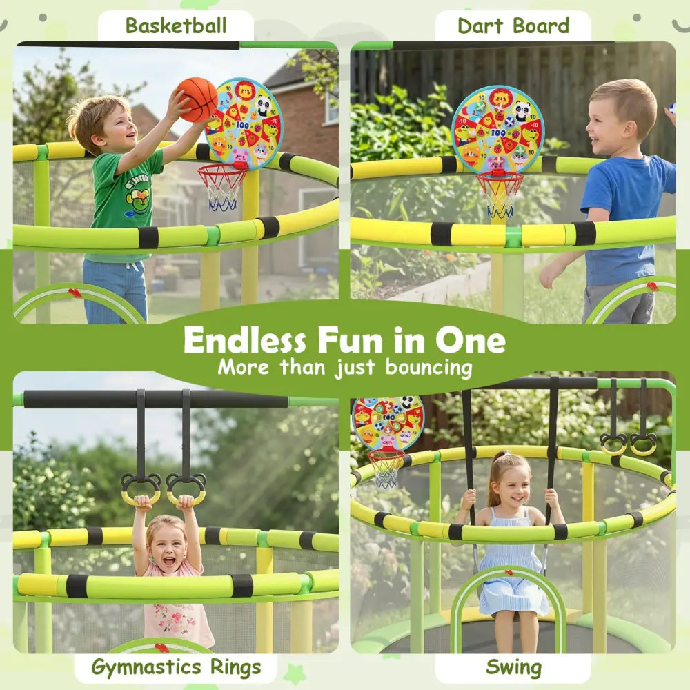 60 inch 6-in-1 Kids Toddler Trampoline with Gymnastics Bar-Green - Green - Trampolines