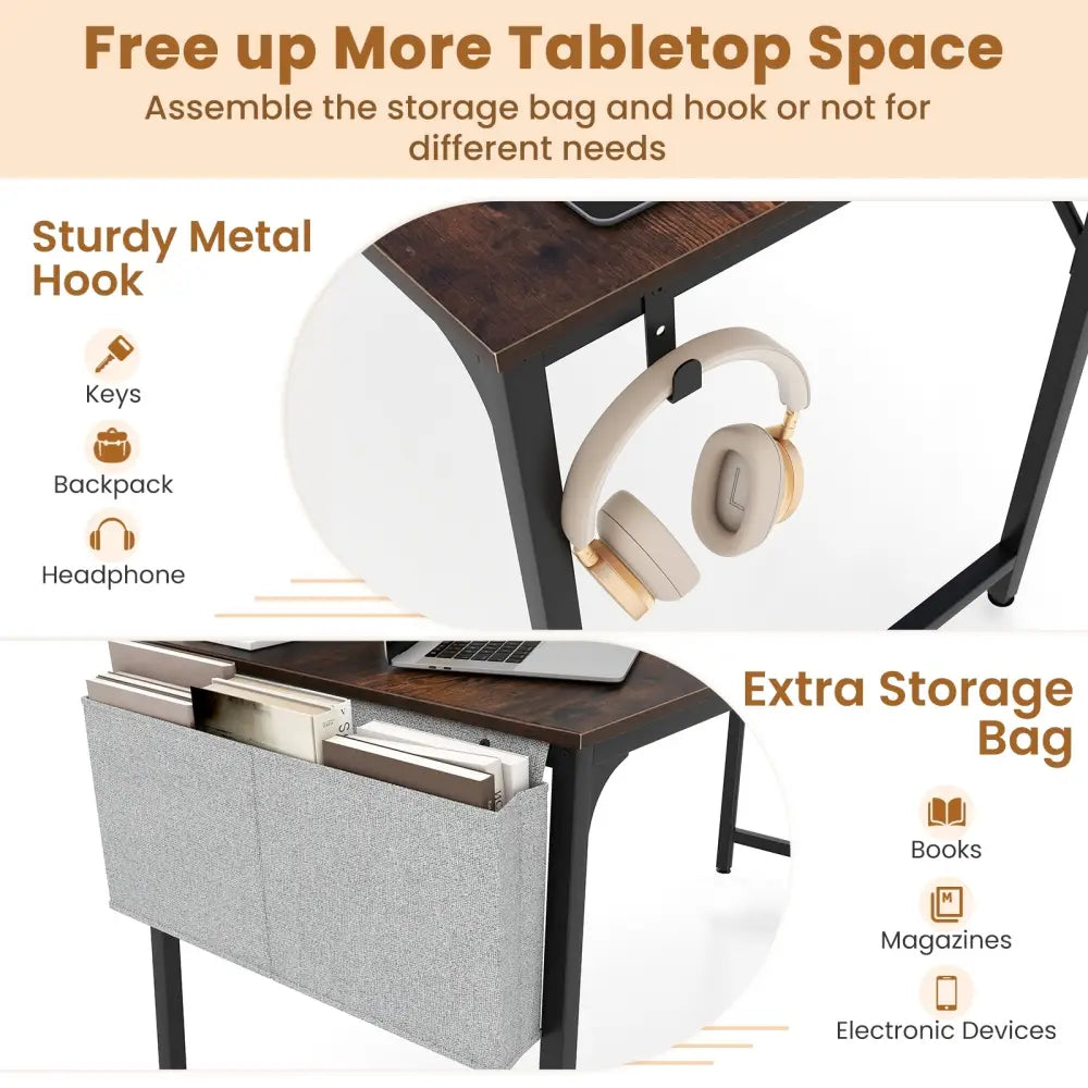 60 Inch Computer Desk with Charging Station Storage Bag-Rustic Brown - Rustic Brown - Computer Desks