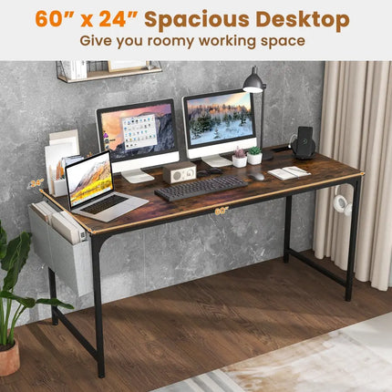 60 Inch Computer Desk with Charging Station Storage Bag-Rustic Brown - Rustic Brown - Computer Desks