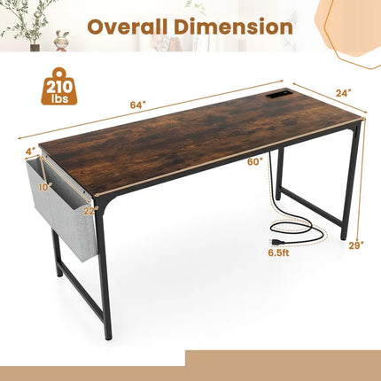 60 Inch Computer Desk with Charging Station Storage Bag-Rustic Brown - Rustic Brown - Computer Desks