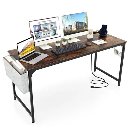 60 Inch Computer Desk with Charging Station Storage Bag-Rustic Brown - Rustic Brown - Computer Desks