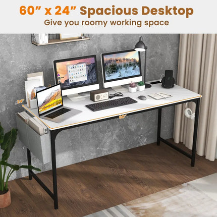 60 Inch Computer Desk with Charging Station Storage Bag-White - White - Computer Desks