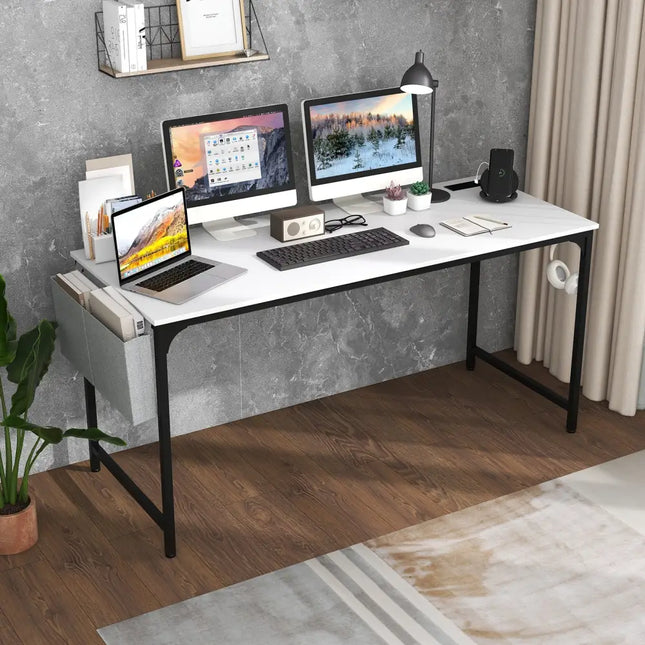 60 Inch Computer Desk with Charging Station Storage Bag-White - White - Computer Desks
