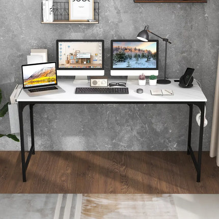 60 Inch Computer Desk with Charging Station Storage Bag-White - White - Computer Desks