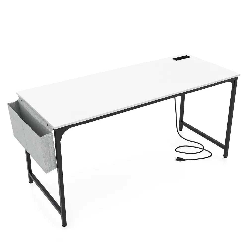 60 Inch Computer Desk with Charging Station Storage Bag-White - White - Computer Desks