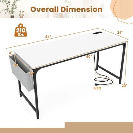 60 Inch Computer Desk with Charging Station Storage Bag-White - White - Computer Desks