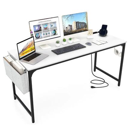 60 Inch Computer Desk with Charging Station Storage Bag-White - White - Computer Desks