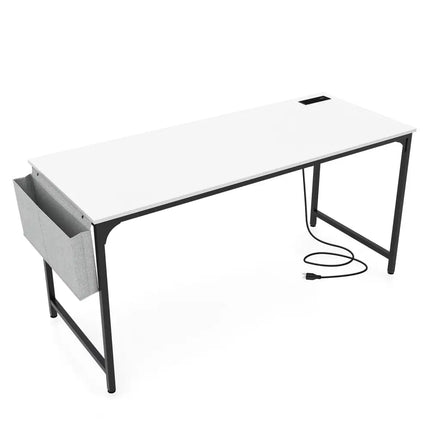 60 Inch Computer Desk with Charging Station Storage Bag-White - White - Computer Desks